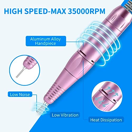 Portable Nail Drill Professional 35000 RPM, MOCOWIND Rechargeable Electric Nail File Machine for Acrylic Gel Polishing Removing, Cordless E-File with Bits Kit for Manicure Salon Home, Blue & Purple - Thumbnail 4