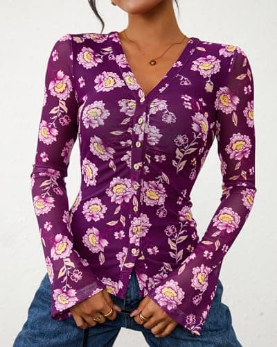 BTFBM Button Down Shirts for Women 2026 Spring Boho Tops V Neck Long Sleeve Blouses Ruched Mesh Fitted Fashion Clothing(Purple, Large) - Thumbnail 3