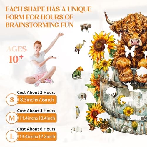 Wooden Puzzles for Adults, Sunflower Pasture Wood Puzzles Adult, Unique Animal Shaped Wooden Jigsaw Puzzle, Creative Birthday Gifts for Friends/Family/Puzzle Lovers, Home Decor(M-11.4 * 10.4in 195pcs) - Thumbnail 3