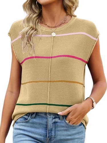 Bellcoco Womens Cap Sleeve Summer Tops Striped Sweater Vest Lightweight Casual Crewneck Loose Knit Pullover Tank Top Beach Vacation Outfits Apricot S - Image 1