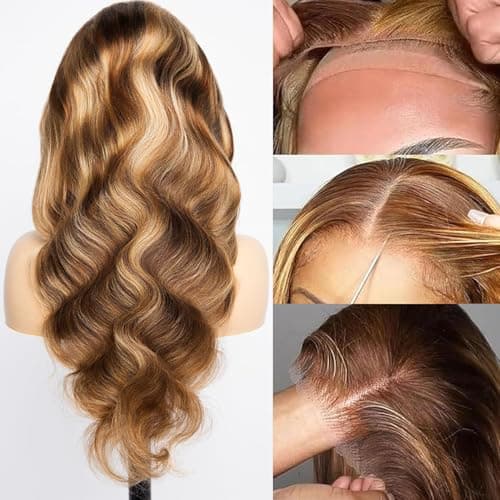 Yeuoin #4/27 Ombre Highlight Lace Front Wigs Human Hair Pre Cut 5X5 Glueless Honey Blonde Body Wave Wigs for Women Pre Plucked with Baby Hair Lace Closure wig 200% Density(36inch) - Thumbnail 2