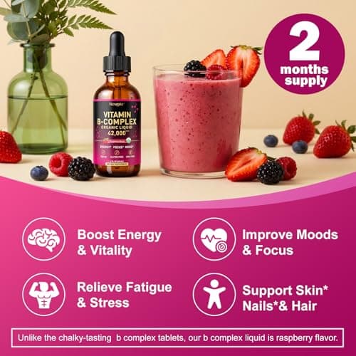 Newpie Vitamin B Complex Liquid Drops - B12 Methylcobalamin, B6, B1, Niacin & Folate, Biotin, Vitamin C, Choline, Inositol, CoQ10 & Taurine - Methylated Sublingual for Energy & Focus - Vegan, Organic - Thumbnail 3