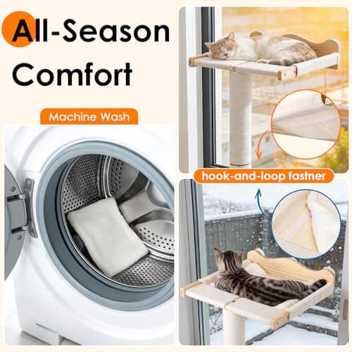 Cat Window Perch with Scratching Post, Keaber 44" Tall Adjustable Sisal Cat Tree for Large Cats Up to 33lbs, Suction Cup Wooden Hammock for Climbing, Bird Watching, Sleeping (Beige, Washable Cushion) - Thumbnail 5