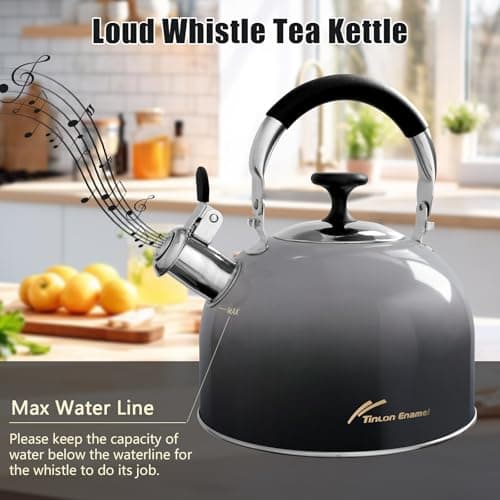Tinlon Enamel 2.5 Qt Whistling Tea Kettle for Stovetop, Black - Thumbnail 4
