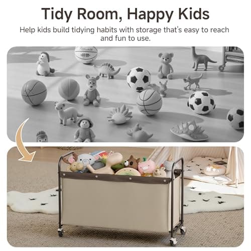 StorageWorks Toy Box with Wheels for Kids, 135L Large Toy Storage Chest and Organizer, 23" Metal Toybox with 360° Swivel Wheels for Bedroom, Kids Room, Stuffed Animal Storage, Light Khaki - Thumbnail 6