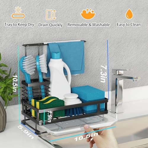 Godboat Kitchen Sink Organizer with Brush Rack, 304 Stainless Steel Dish Soap Dispenser, Sponge Holder for Kitchen Sink, Sink Caddy with Drain-Pan, Cool Kitchen Gadgets & Gifts for Women, Christmas - Thumbnail 2