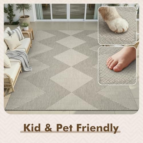 MontVoo-Outdoor Rug Carpet Patio Rug 5x7 ft Polypropylene Indoor Outdoor Rugs for Patio Deck Balcony Porch, Textured Weave, Durable for High Traffic, Fade-Resistant, Boho Geometric Silver Grey - Thumbnail 6