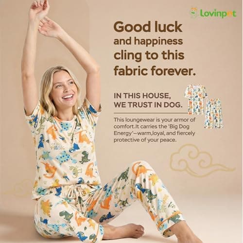 LovinPet Womens Pajama Set, Short Sleeve Sleepwear Set with Capri Pants & Pockets, Soft and Matching Pet-and-Owner Moments, Orange, 2XL - Thumbnail 4