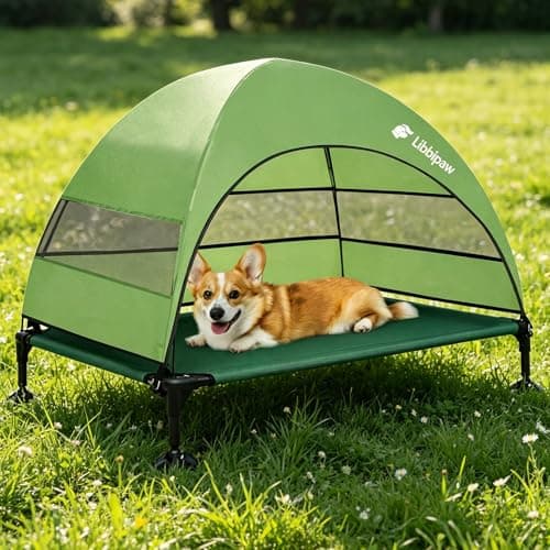 Libbipaw Windproof Elevated Dog Bed with Canopy & Stakes, 3-Sided 90% UV Block, Chew-Proof Teslin Mesh Mat for Large Dogs up to 150lbs(Green Large) - Image 1