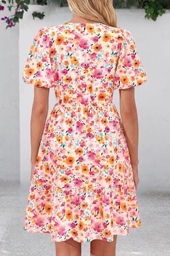 dowerme Women Summer Casual Dresses 2026 Puff Short Sleeve V Neck Floral Boho Midi Dress Flowy Ruffle Spring Sundress(Pink Flowers,Large) - Thumbnail 5