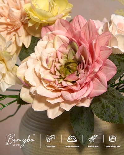 BSMYBO Artificial Flowers Combo Light Pink Silk Flowers Mix Fake Rose Dahlia with Stems for Wedding Bridal Bouquets Baby Shower Cake Floral Arrangement Table Centerpieces Home Decorations - Thumbnail 2