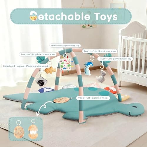 Baby Tummy Time Mat, Oversize Dinosaur Shaped Baby Play Gym Mat with 6 Toys, Play Mat for Babies 0-6-12 Months Promotes Motor Skills & Sensory Development, Newborn Essentials Infant Shower Gift - Thumbnail 4