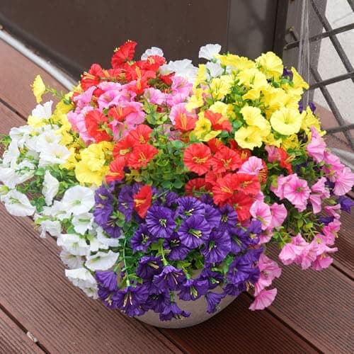 maxkes Artificial Flowers for Outdoors, UV Resistant Fake Silk Morning Glory, Realistic Faux Plants for Outside Porch Patio Window Box Hanging Planter (12, Purple White Yellow Pink Red) - Thumbnail 6