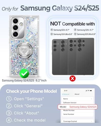 XYZ for Galaxy S25 Case, Glitter Bling S24 Phone Cover with 2-Ring Heart Stand & Lanyard, Women Girls Luxury Rhinestone Shockproof Protective Case para Samsung S25/S24, Silver - Thumbnail 2