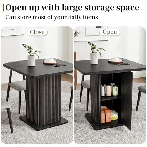 Small Black Dining Table for 2-4, 31.5 Inch Farmhouse Square Kitchen Table with 2-Tier Storage Shelf, Modern Wood Dinner Furniture with Fluted Doors, Dining Room, Living Room, Space Saving - Thumbnail 6