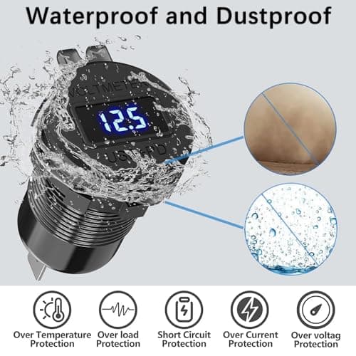 Aluminum Alloy USB C Car Charger Socket,12V USB C Outlet, PD 36W and Quick Charge 3.0 18W Dual Port Waterproof Power Adapter with Voltmeter and Switch for Marine Truck Motorcycle Boat Golf cart RV - Thumbnail 4