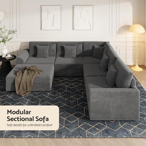 Modular Sectional Sofa, Oversized U Shaped Couch, Convertible Sleeper Sofa, 6 Seat Sofa with Chaise, Deep Seat Comfy Cloud Couch with Ottoman and Five Pillows for Living Room (U Shape Sectional, Gray) - Thumbnail 6