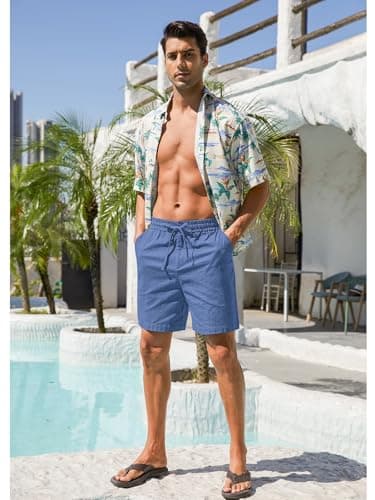 RQP Mens Cotton Linen Shorts Casual Drawstring 7inch Inseam Shorts Stretch Summer Beach Wear,Blue - Thumbnail 4