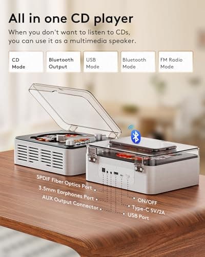 CARONSORT CD Player with Bluetooth Transmitter, Nostalgic Retro Wood Music Player, Built-in Speakers-Bass Boost, FM Radio for Home/Wired&Remote Control-White - Thumbnail 4