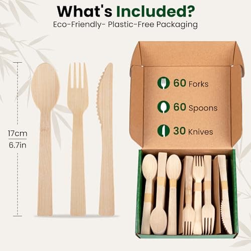 Weemium Bamboo Cutlery Disposable Set, [150 Pack] Heavy-Duty Bamboo Utensils Disposable Silverware, FSC Certified 100% Biodegradable and Compostable Utensils, 60 Forks, 60 Spoons, 30 Knives - Thumbnail 3