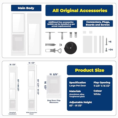 Homgava Large Dog Door for Sliding Glass Doors,No-Cut DIY Install Pet Door- Aluminum Frame& Panel & Lock, Adjustable Height 83”-91 1/5”, Suitable for Dogs Up to 105 lbs -White - Thumbnail 3