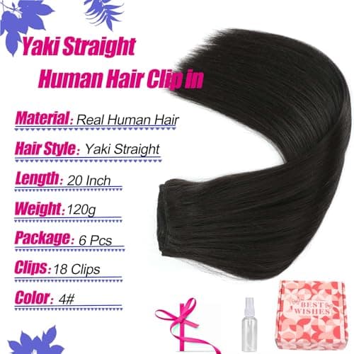 20Inch Clip in Hair Extensions Real Human Hair 120g 6pcs Yaki Straight Clip in Remy Human Hair Extensions Double Weft Clip ins for Women (4#, 20 Inch) - Thumbnail 3