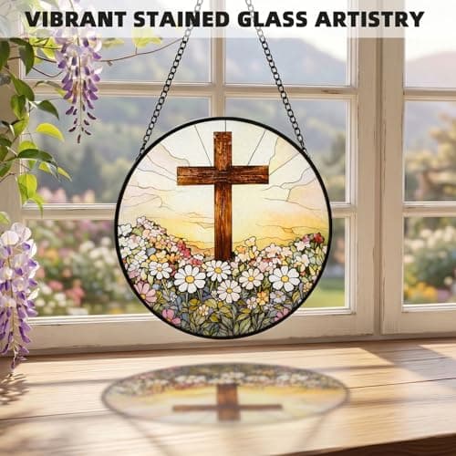 Russel Molly 8 Inch Stained Glass Cross and Wildflowers Suncatcher Christian Stained Glass Windows Hanging Flower Cross Gift for Religious Mother's Day Faith Christian Gifts Religious Home Decor - Thumbnail 4