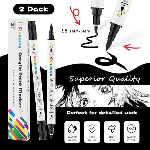 Swemos 2PCS Black Acrylic Paint Pens Markers, Dual Tip with Fine Tip and Brush Tip Pens Acrylic Paint Markers Waterproof Acrylic Markers Set for Rock, Canvas Stone, Wood, Glass, Metal (BLACK, 2) - Thumbnail 3