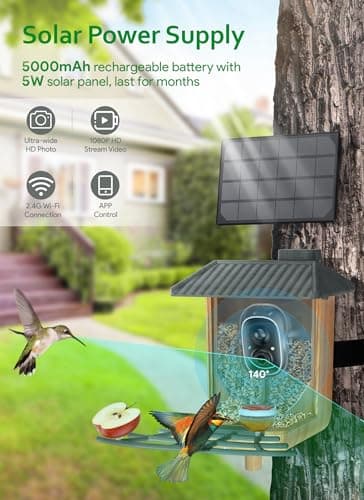 Osoeri Smart Bird Feeder with Camera, 1080P HD AI Identify & Capture Bird Videos, Auto Motion Detection, DIY Add-ons & Hummingbird Feeder, Wood Color-2 Bins - Thumbnail 4