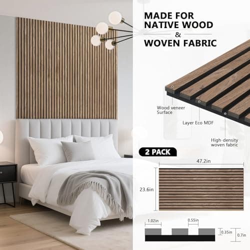 Acoustic Wall Panels, 2 Pack Wood Slat Wall Panel, Soundproof Wall Panels, 3D Textured Wall Decor for Ceiling and Wall, 47.2" x 23.6", in Walnut Finish - Thumbnail 4