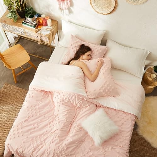 Geniospin Pink Queen Comforter Set for Girls- 7 Pieces Pom Tufted Bed in A Bag Twin Bedding Sets with Sheets, Pillowcases & Shams, All Season Kids Comforter Set - Thumbnail 4