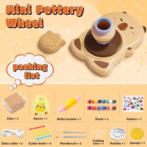 Skirfy Mini Pottery Wheel Machine Kit for Beginners Kids with Light,Electric Ceramic Wheel with Foot Pedal&Painting Kit, Adjustable Speed,Clay Spinner DIY Tools for Art Craft Birthday (Brown) - Thumbnail 2