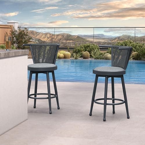 PURPLE LEAF Outdoor Swivel Counter Height Bar Stools Set of 2 Metal Modern Wicker Bar Chairs Wraparound Back and Armrests Aluminum Woven Barstools with Cushions for Kitchen Balcony Garden Indoor Gray - Thumbnail 3