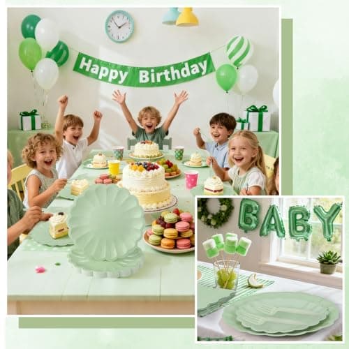 96 Pcs Sage Green Paper Plates and Napkins Party Supplies Serve 24 Guests Include Scalloped Dinner Plate 9.5", Dessert Plate 7.5", Napkins Plastic Forks for Baby Bridal Shower Wedding Birthday - Thumbnail 6
