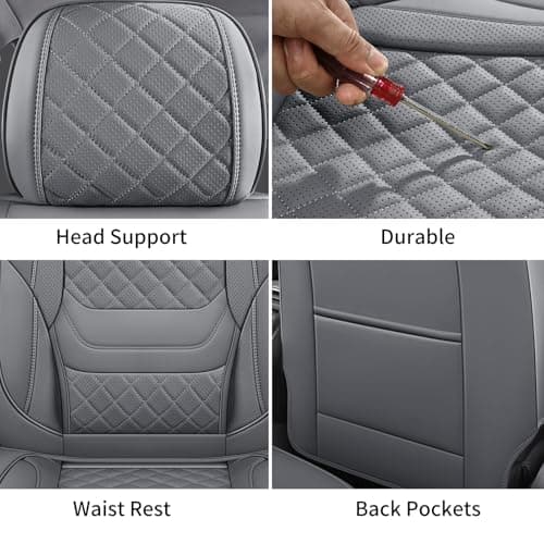Chezope Car Seat Covers Full Set, Grey Leather Seat Covers, Breathable Front and Back Car Seat Protectors, Wear-Resistant Seat Covers Universal Fit for Most Cars SUV Truck (Grey-Diamonds, Full Set) - Thumbnail 6