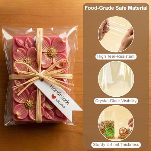 Plastic Cellophane Bags 4.7x7", 100 Pack Clear Goodie Treat Wrappers with Raffia Ties & Tags for Wrapping Homemade Soap Craft Gift Wedding Cookies Candy Snack Party Bakery Favors Christmas (White Tags) - Thumbnail 3