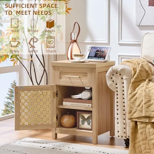YUFAM Small Rattan Nightstand - Boho Night Stand with Type-C Charging Station for Bedroom, Modern Nightstands w/Drawer for Small Space, Wood Bedside Table w/Adjustable Storage Shelf, Natural Oak - Thumbnail 6