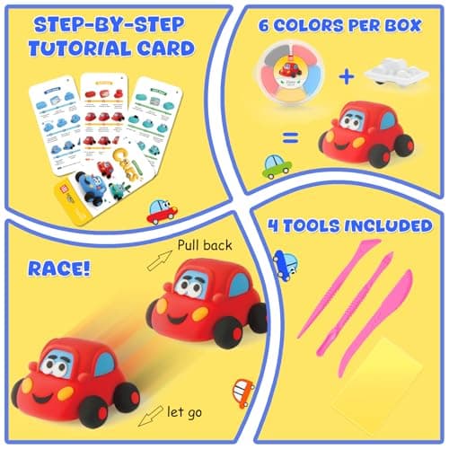 Air Dry Clay Kit for Kids - Pull Back Car Making, 3 Boxes Modeling Clay with Sculpting Tools, Base, Backing Board, Tutorial, Ultra Light & Soft, Non-Toxic & Safe, Creative DIY Arts and Crafts Toys - Thumbnail 4