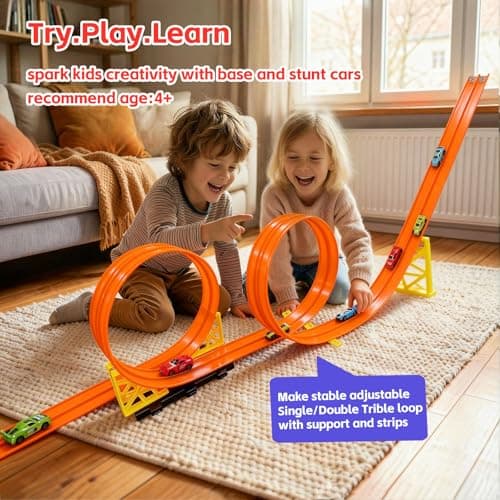 16.5 Ft Flexible Race Track for Kids - Compatible with Hot Wheels 1/64 Diecast Cars - Includes 8 Racing Cars & Super-Grip Gravity Ramp -Rollable Portable DIY Track Toy, Gift for Boys Girls 3-8, Orange - Thumbnail 2