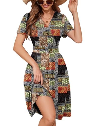 Heymoments Women's Summer Comfy Swing Sundress Boho Patchchic Brown Large Short Sleeve Casual Midi Dress Wrap V Neck A-Line Classy Beach Vacation Teacher Dresses with Pockets - Image 1