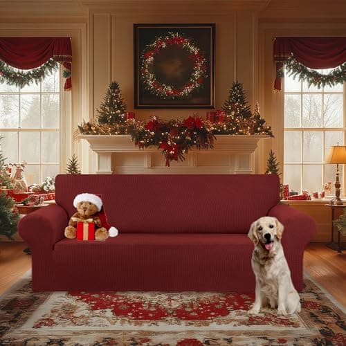 KEKUOU Stretch Oversized Sofa Slipcover 1 Piece Couch Sofa Cover (94"-110") Furniture Protector 4 Seater Sofa with Elastic Bottom for Kid,Pet.Jacquard Checked Pattern Fabric(X Large,Dark Red) - Thumbnail 2