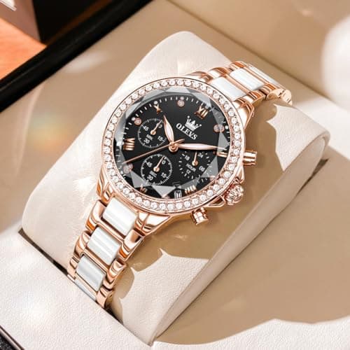 OLEVS Ladies Luxury Watch Black Mother of Pearl Dial Rose Gold Ceramic Stainless Steel Band Diamond Accents Women's Dress Watch Chronograph Elegant Ladies Waterproof Watches Fashion Quartz Watches - Thumbnail 2