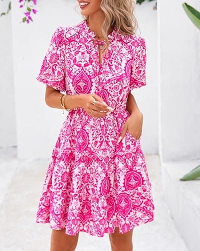 BTFBM Women Summer Floral Short Dresses V Neck Short Sleeve Tiered Ruffle Boho Swing Dress A-Line Mini Dresses(White Rose Red Floral,Small) - Thumbnail 3