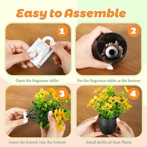 Der Rose 4 Pack Fake Plants in Matte Black Pot DIY Assembly Mini Artificial Flowers, Spring Home Decor for Office Desk Bedroom Bathroom - Thumbnail 3