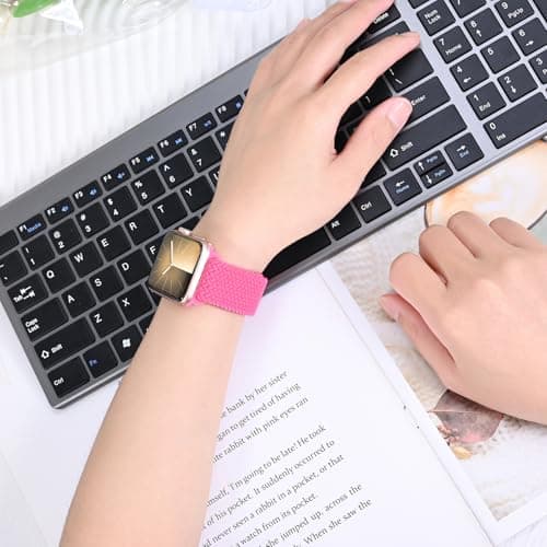 OMECKY Magnetic Braided Loop Band Compatible with Apple Watch Series 11 10 46mm 9 8 7 6 5 4 42mm 44mm 45mm 49mm for Women Men, Stretchy Nylon Elastic Sport Strap for iWatch SE/Ultra 1/2/3, Orange Pink - Thumbnail 6