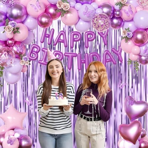 Purple Pink Birthday Decorations, Metallic Magenta Purple Lavender Balloons Confetti Foil Balloons Happy birthday Banner Butterfly Fringe Curtains Birthday Decorations for Women Teens Girls - Thumbnail 4