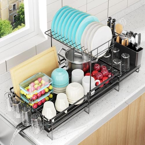 Pantasia Large Dish Drying Rack, Expandable Dish Rack for Kitchen Counter, Dish Drainer with Drainboard Set, Multifunctional Dishrack with Utensil & Cup Holder, 13.4"-28.7" L x 11.8" W x 9.3" H, Black - Image 1