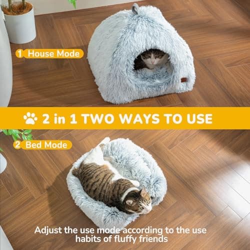 CATISM Cat Bed, Cat Cave for Indoor Cats, Soft Cat Dome, Self-Warming 2 in 1 Foldable Pet Cat House with Washable Cushioned Pillow Calming Fluffy Dog Beds for Small Dogs with Anti-Slip Bottom Gray - Thumbnail 2