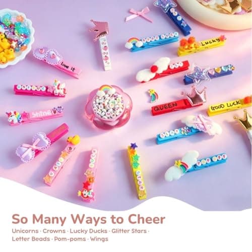 Cheer Pins Spirit Clip Kit 80 Colored Wooden Clothes Pins 200 Mini Charms Bows Gem Stickers 300 Letter Beads Pens and Disposable Tablecloth Cheer Pin Decor for Cheerleading Backpack Ribbon Gift Bulk - Thumbnail 3