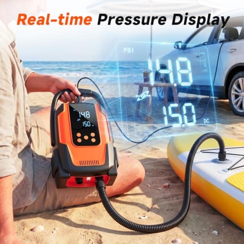 Paddle Board Electric Pump, 50 PSI High Pressure SUP Pump with Auto-Off, 12V DC Paddleboard Pump with Inflation & Deflation, 8 Nozzles Air Pump for Paddle Board, Inflatables, Kayaks, Car Tires, Orange - Thumbnail 5